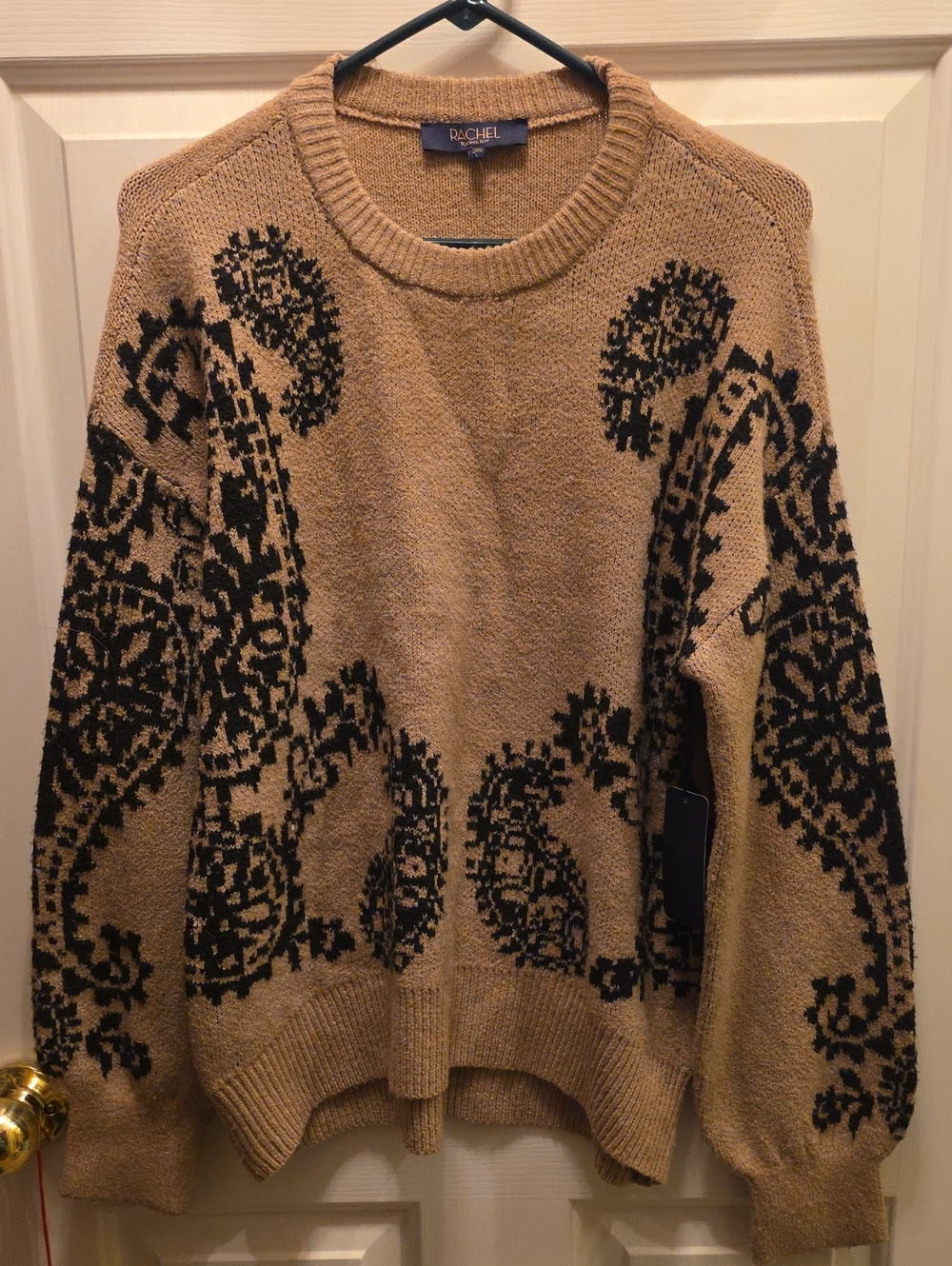 Rachel Tan Crewneck Sweater with Black Paisley Pattern